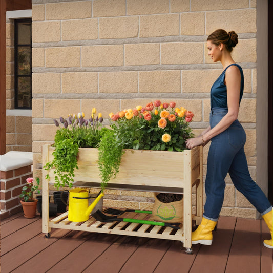 MOWEFLTD 48x24 Inch Cedar Raised Garden Bed Elevated Wooden Planter Box on Wheels with Storage Shelf for Herbs and Vegetables Natural