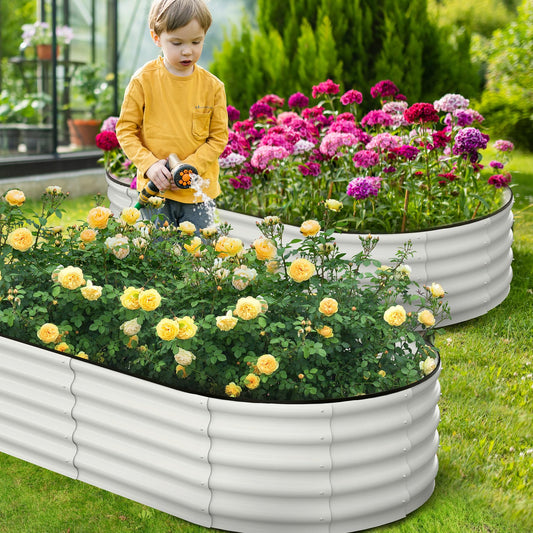 MOWEFLTD 183x91x46 cm Galvanized Raised Beds for Outdoor, Oval Raised Garden Bed with Open Base, Tool-Free Assembly Planter Raised Boxes for Outdoor Vegetables & Flowers, White