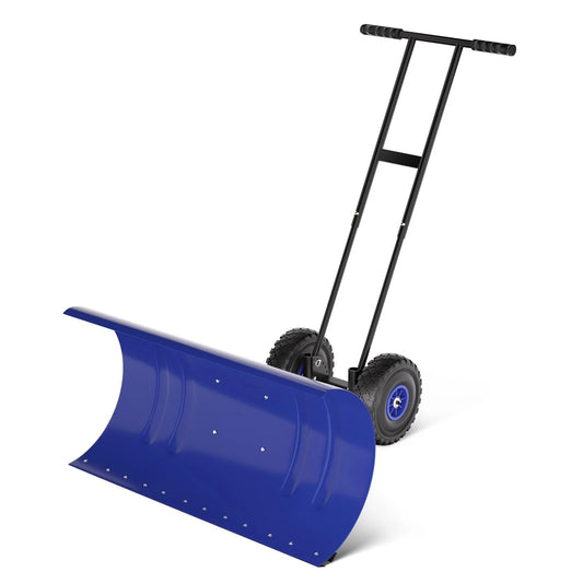 MOWEFLTD 36 Inch Snow Pusher with Wheels Heavy Duty Rolling Snow Shovel Adjustable Metal Blade for Driveway and Pavement