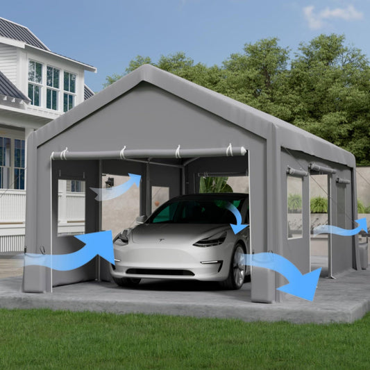 MOWEFLTD Heavy Duty Carport Sidewall Replacement Panels, Waterproof 180gsm Triple Layer PE Tarp with Roll Up Doors & Mesh Windows, UV-Protected Garage Side Cover