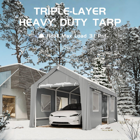 MOWEFLTD Heavy Duty Carport Sidewall Replacement Panels, Waterproof 180gsm Triple Layer PE Tarp with Roll Up Doors & Mesh Windows, UV-Protected Garage Side Cover