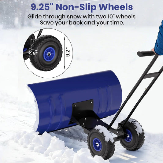 MOWEFLTD 36 Inch Snow Pusher with Wheels Heavy Duty Rolling Snow Shovel Adjustable Metal Blade for Driveway and Pavement
