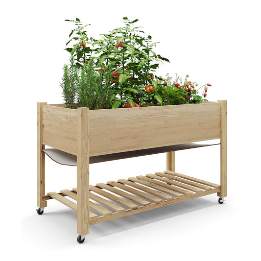 MOWEFLTD 48x24 Inch Cedar Raised Garden Bed Elevated Wooden Planter Box on Wheels with Storage Shelf for Herbs and Vegetables Natural