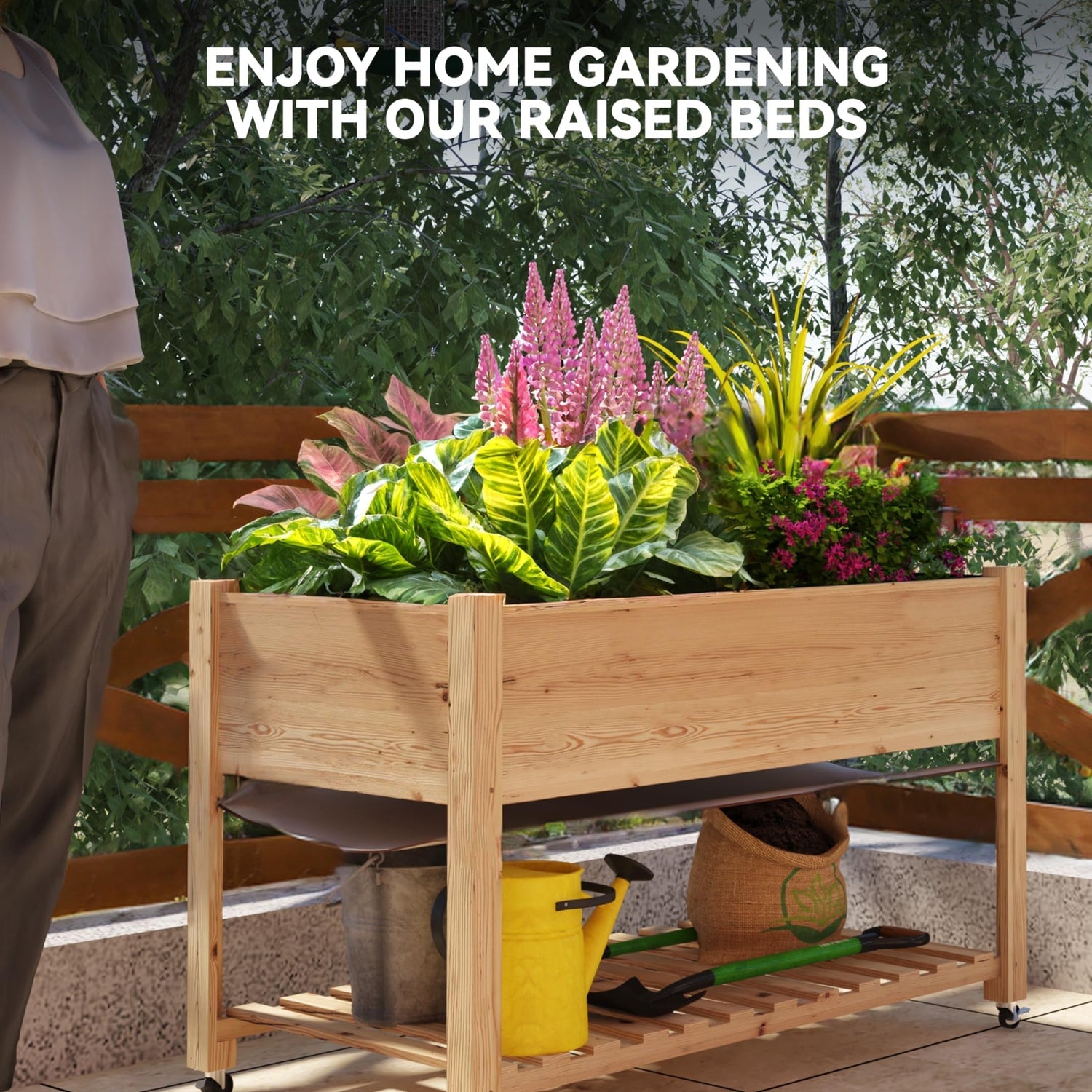 MOWEFLTD 48x24 Inch Cedar Raised Garden Bed Elevated Wooden Planter Box on Wheels with Storage Shelf for Herbs and Vegetables Natural